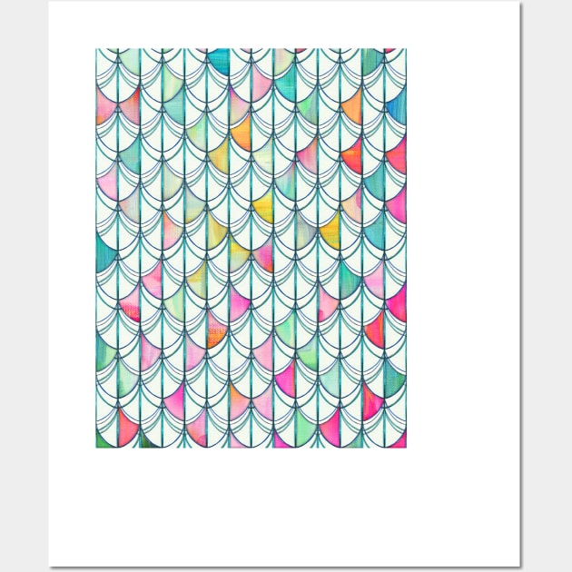 Pencil & Paint Fish Scale Cutout Pattern - white, teal, yellow & pink Wall Art by micklyn